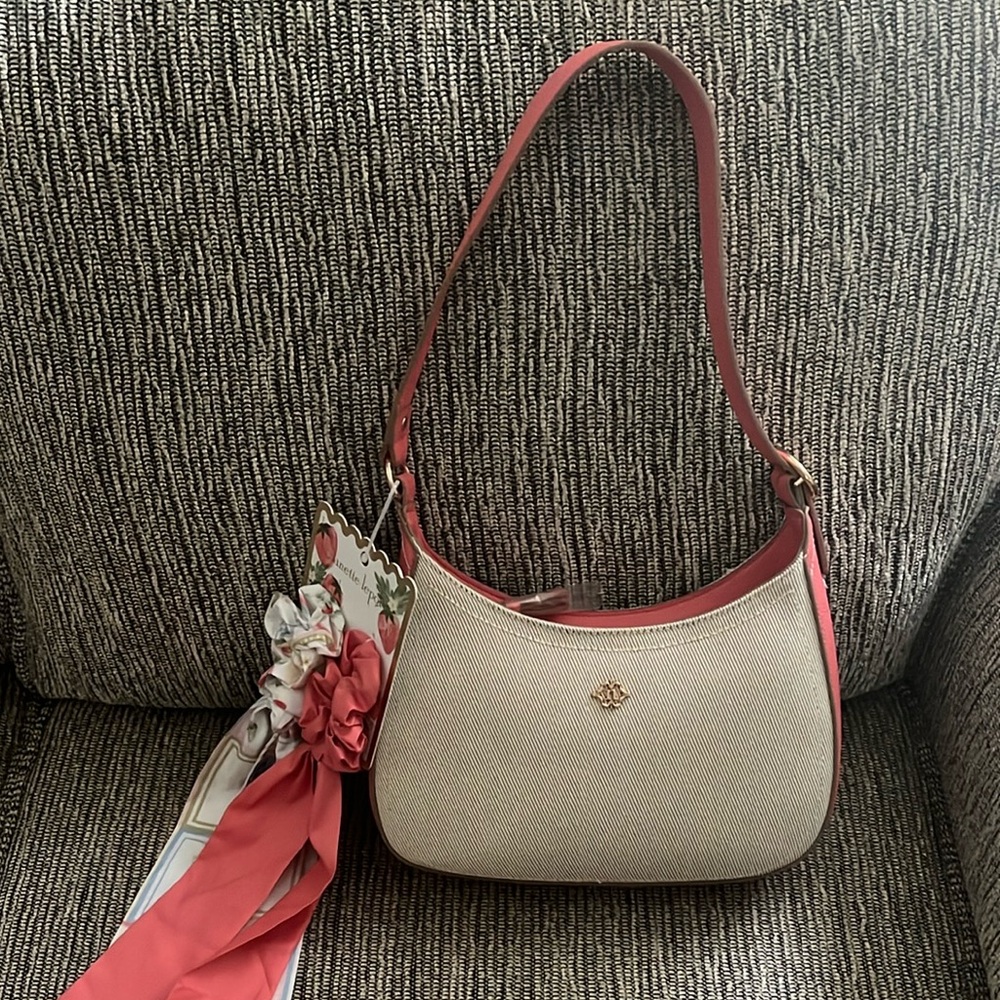 Nanette Lepore Cream and Coral Shoulder Bag with 2 scarves